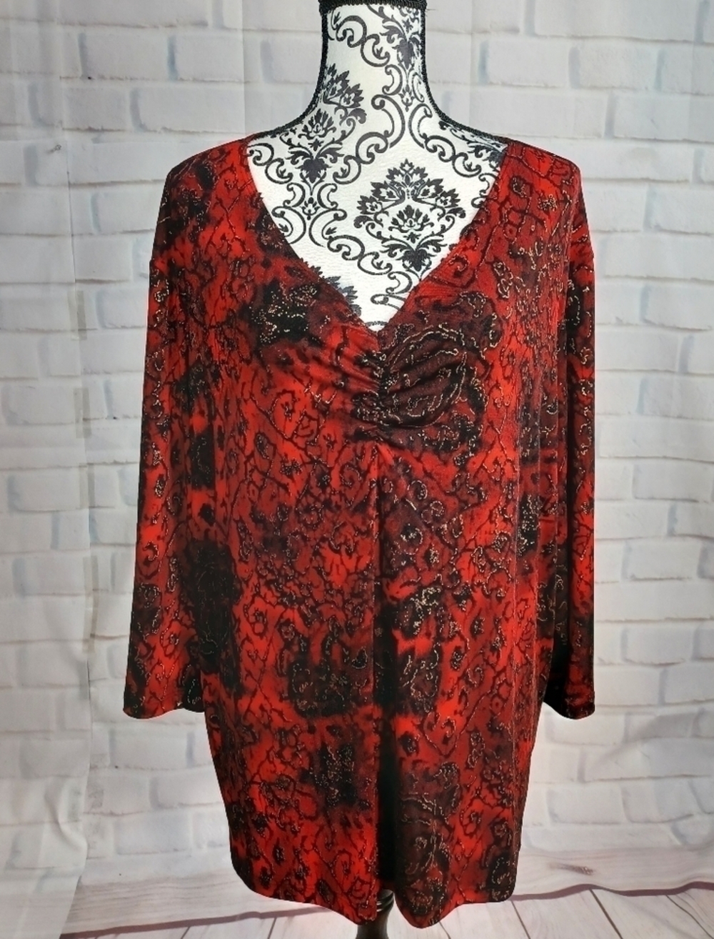 Studio 1940 womens long sleeve stretch knit geometric print semi sheer top 2x b7